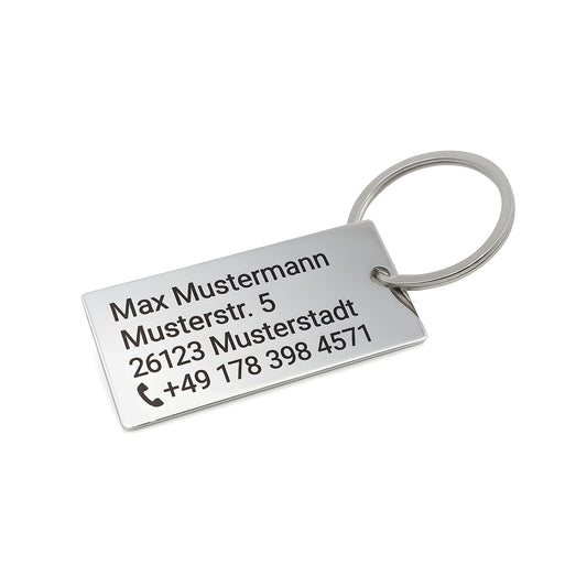 Stainless steel keychain with custom engraving - address / telephone number engraving