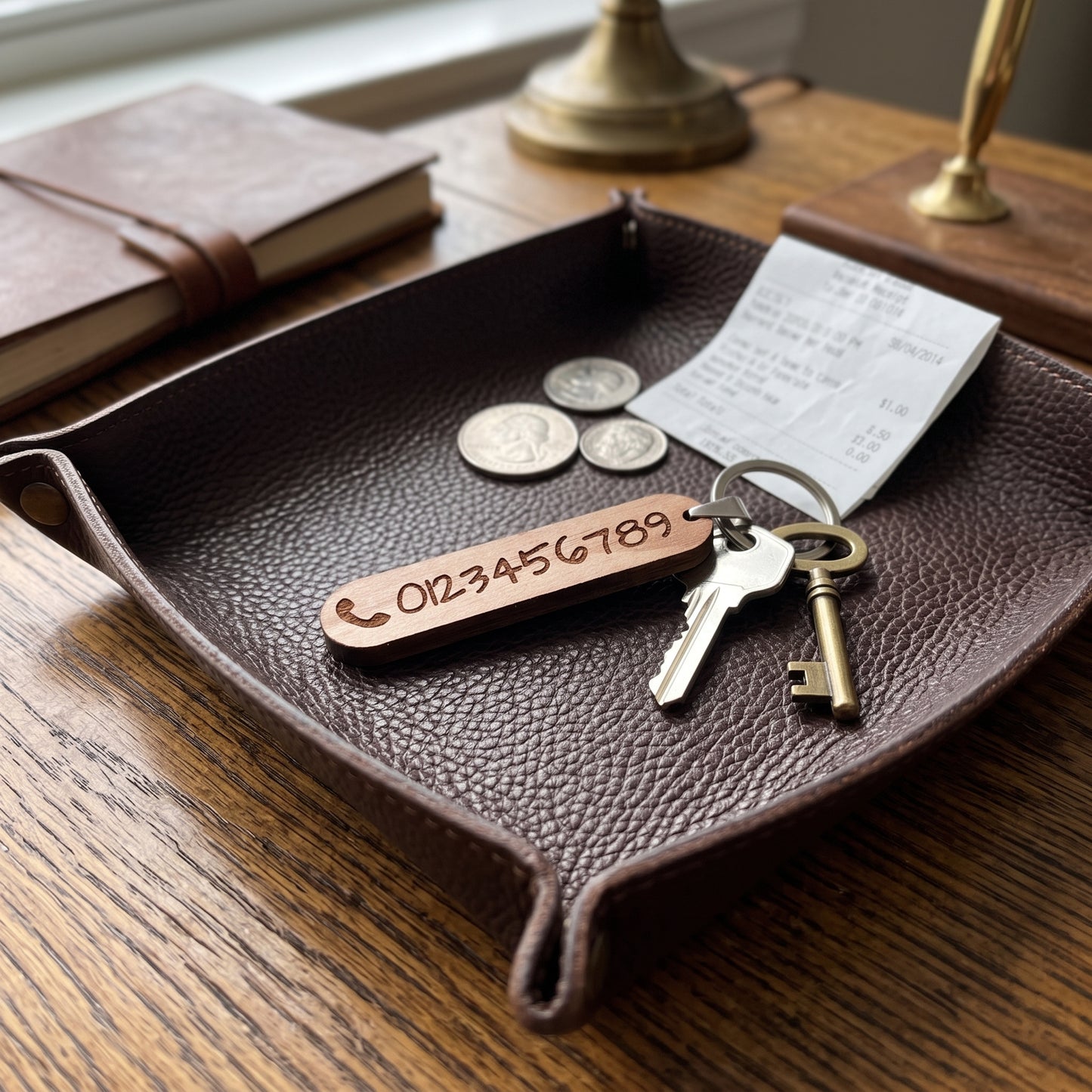 Walnut keychain with telephone number / address engraving - vintage wooden pendant