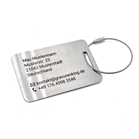 Stainless steel luggage tag in card format - with individual laser engraving and wire rope - luggage tag with engraving