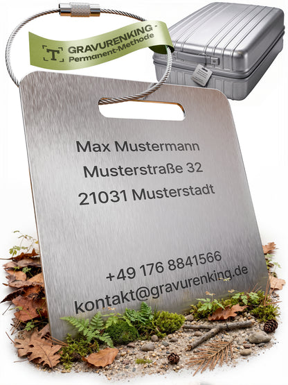 Quadratischer Edelstahl-Kofferanhänger mit individueller QR-Code Lasergravur