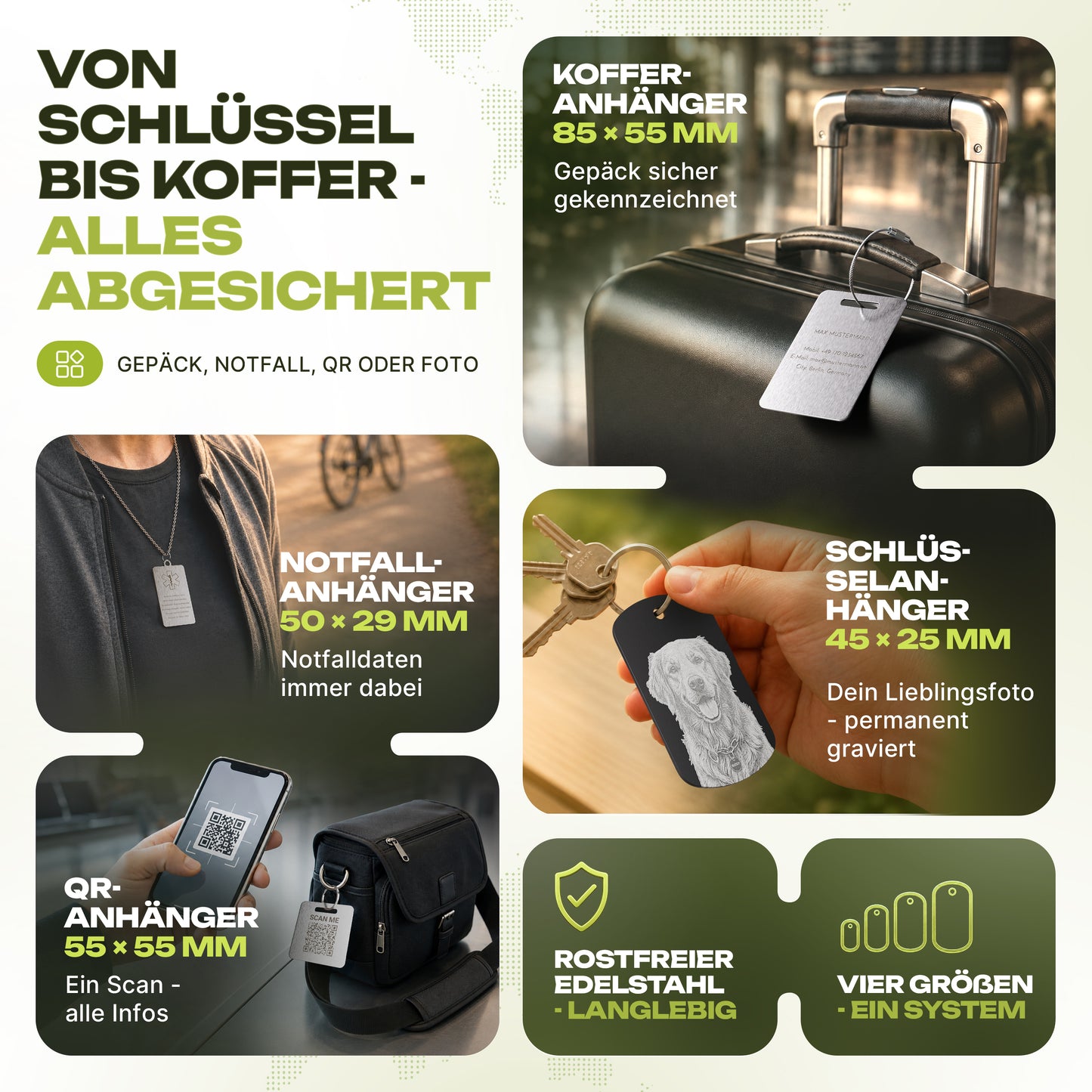 Edelstahl-Anhänger im Kartenformat mit Lasergravur - QR-Code, Text, Foto - Gepäckanhänger