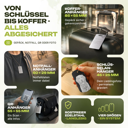 Edelstahl-Anhänger im Kartenformat mit Lasergravur - QR-Code, Text, Foto - Gepäckanhänger