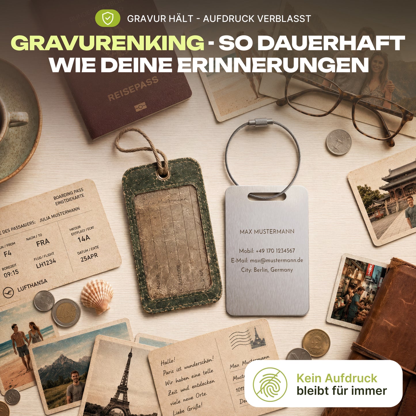 Edelstahl-Anhänger im Kartenformat mit Lasergravur - QR-Code, Text, Foto - Gepäckanhänger