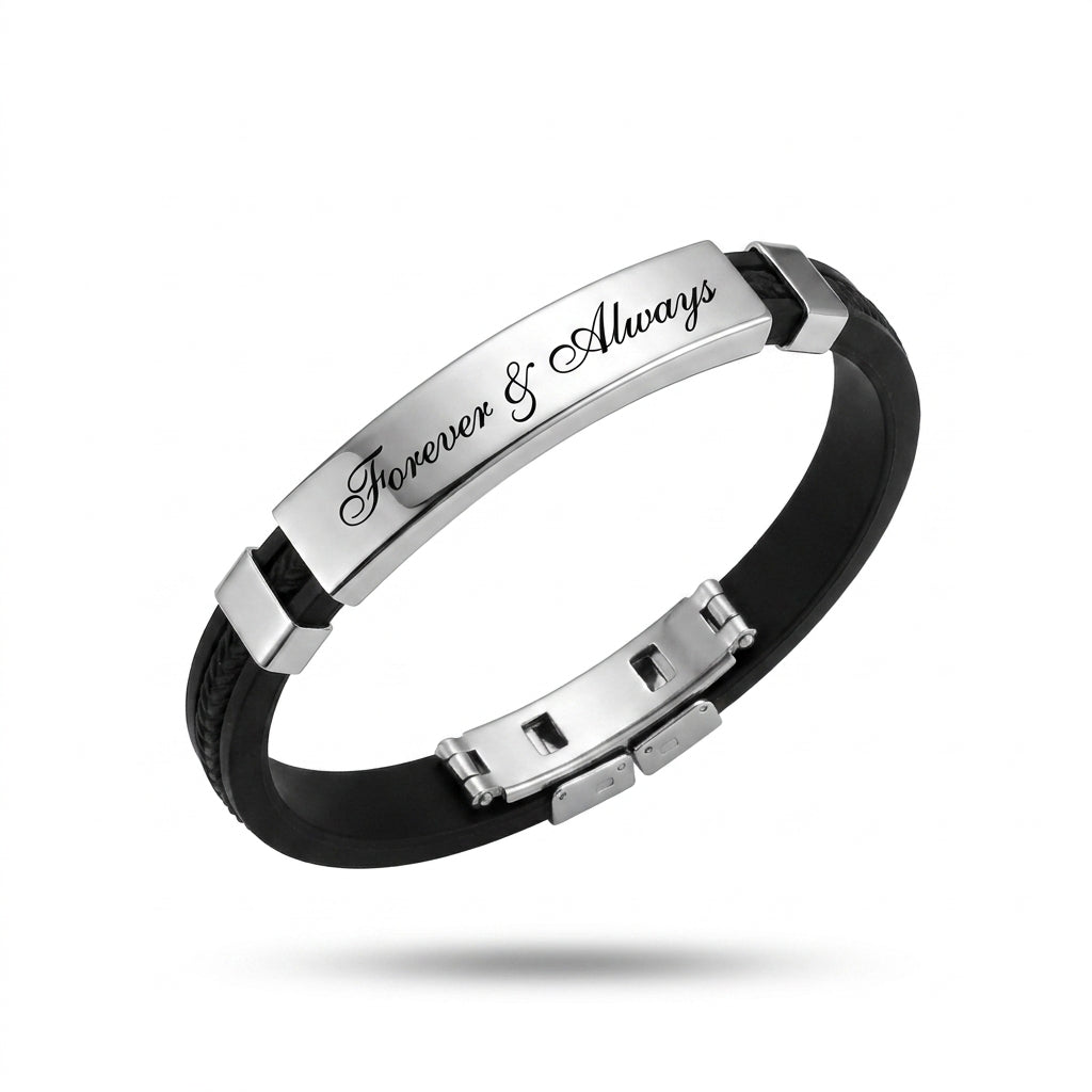 Herrenarmband mit Gravur – Schwarzes Lederoptik-Armband mit Edelstahl-Platte