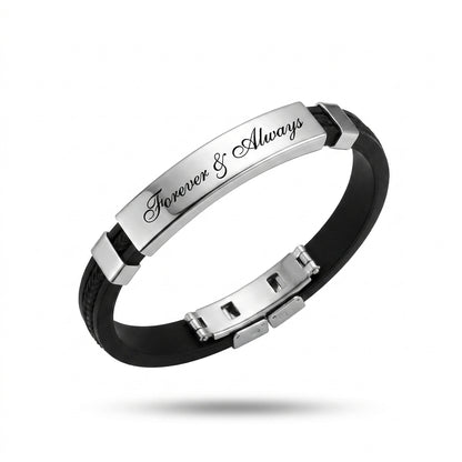 Herrenarmband mit Gravur – Schwarzes Lederoptik-Armband mit Edelstahl-Platte