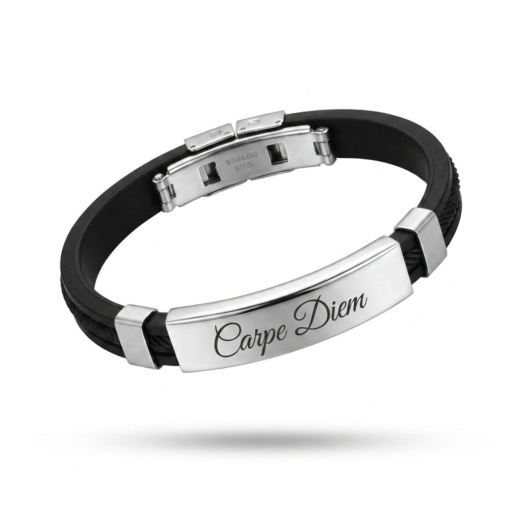 Herrenarmband mit Gravur – Schwarzes Lederoptik-Armband mit Edelstahl-Platte