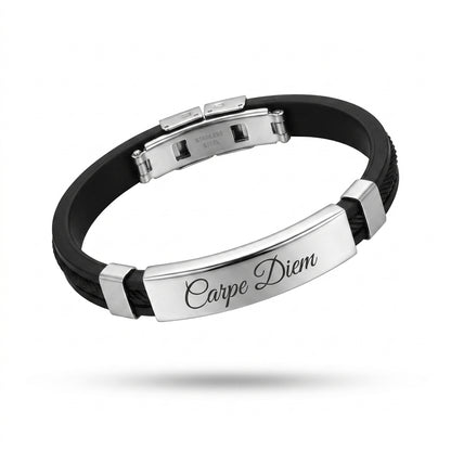 Herrenarmband mit Gravur – Schwarzes Lederoptik-Armband mit Edelstahl-Platte