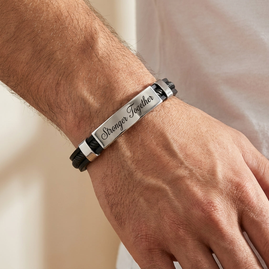 Herrenarmband mit Gravur – Schwarzes Lederoptik-Armband mit Edelstahl-Platte