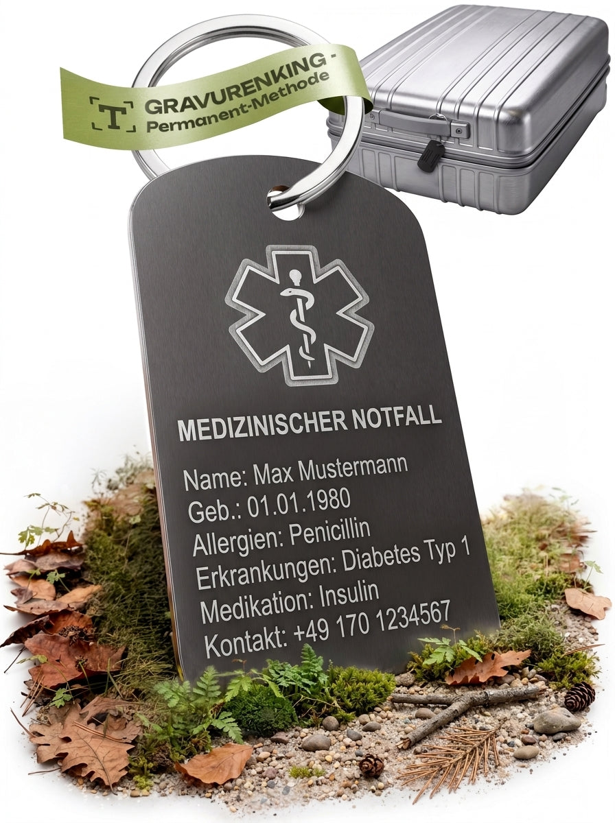 Personalisierter Notfallanhänger aus Aluminium – Schlüsselanhänger mit Notfalldaten & QR-Code