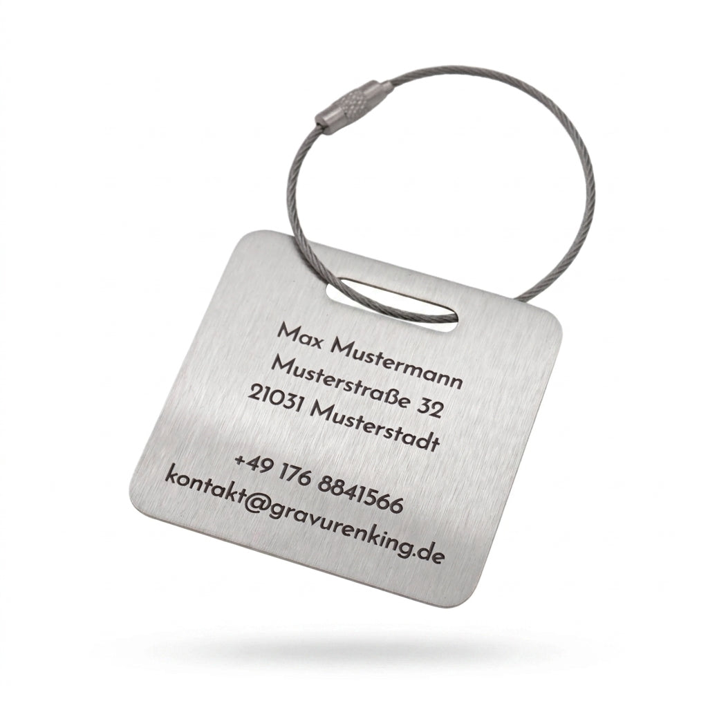 Personalisierter Kofferanhänger aus Edelstahl mit Gravur & Drahtseil