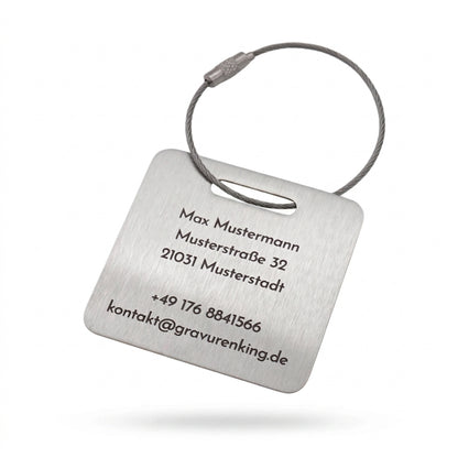 Personalisierter Kofferanhänger aus Edelstahl mit Gravur & Drahtseil