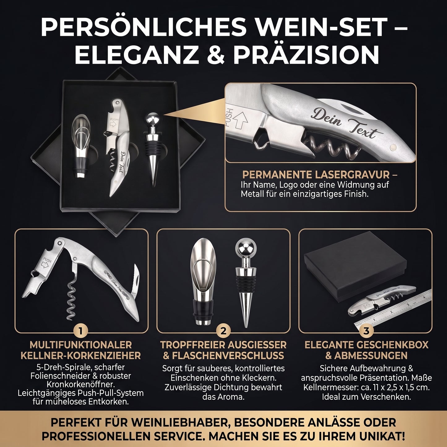 Personalisiertes Edelstahl Weinset – Kellnermesser mit Gravur in Geschenkbox