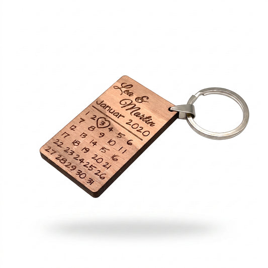 Personalisierter Kalender-Schlüsselanhänger aus Holz mit Wunschdatum