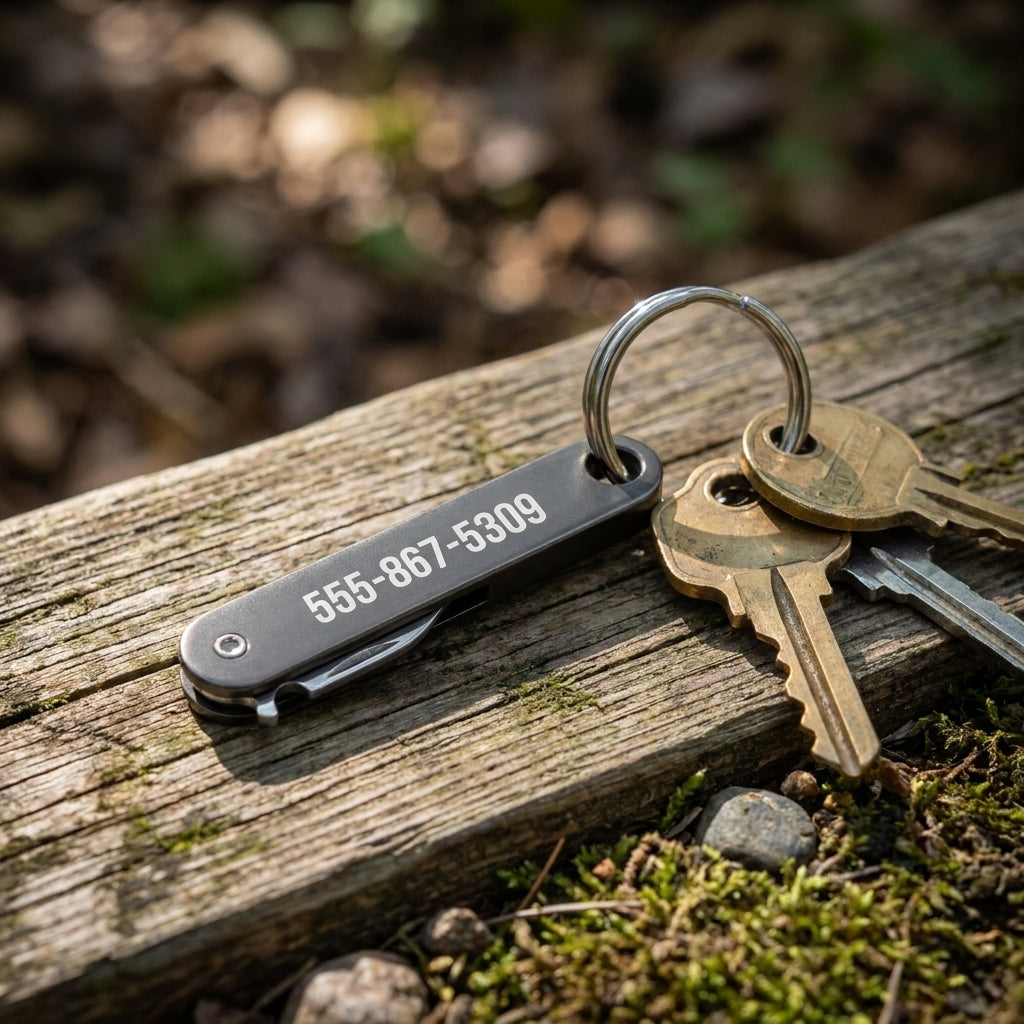 Schlüsselanhänger mit Mini-Taschenmesser & Gravur – Edelstahl Klappmesser