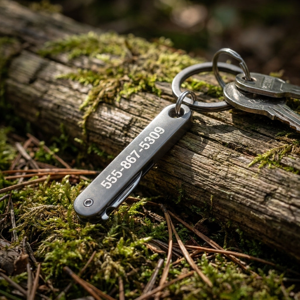 Schlüsselanhänger mit Mini-Taschenmesser & Gravur – Edelstahl Klappmesser