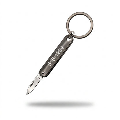 Schlüsselanhänger mit Mini-Taschenmesser & Gravur – Edelstahl Klappmesser