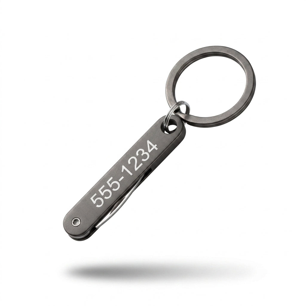 Schlüsselanhänger mit Mini-Taschenmesser & Gravur – Edelstahl Klappmesser
