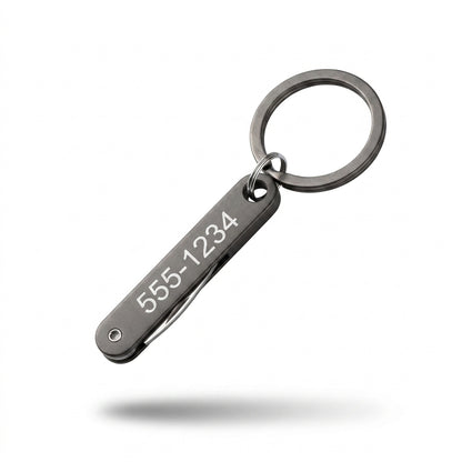 Schlüsselanhänger mit Mini-Taschenmesser & Gravur – Edelstahl Klappmesser