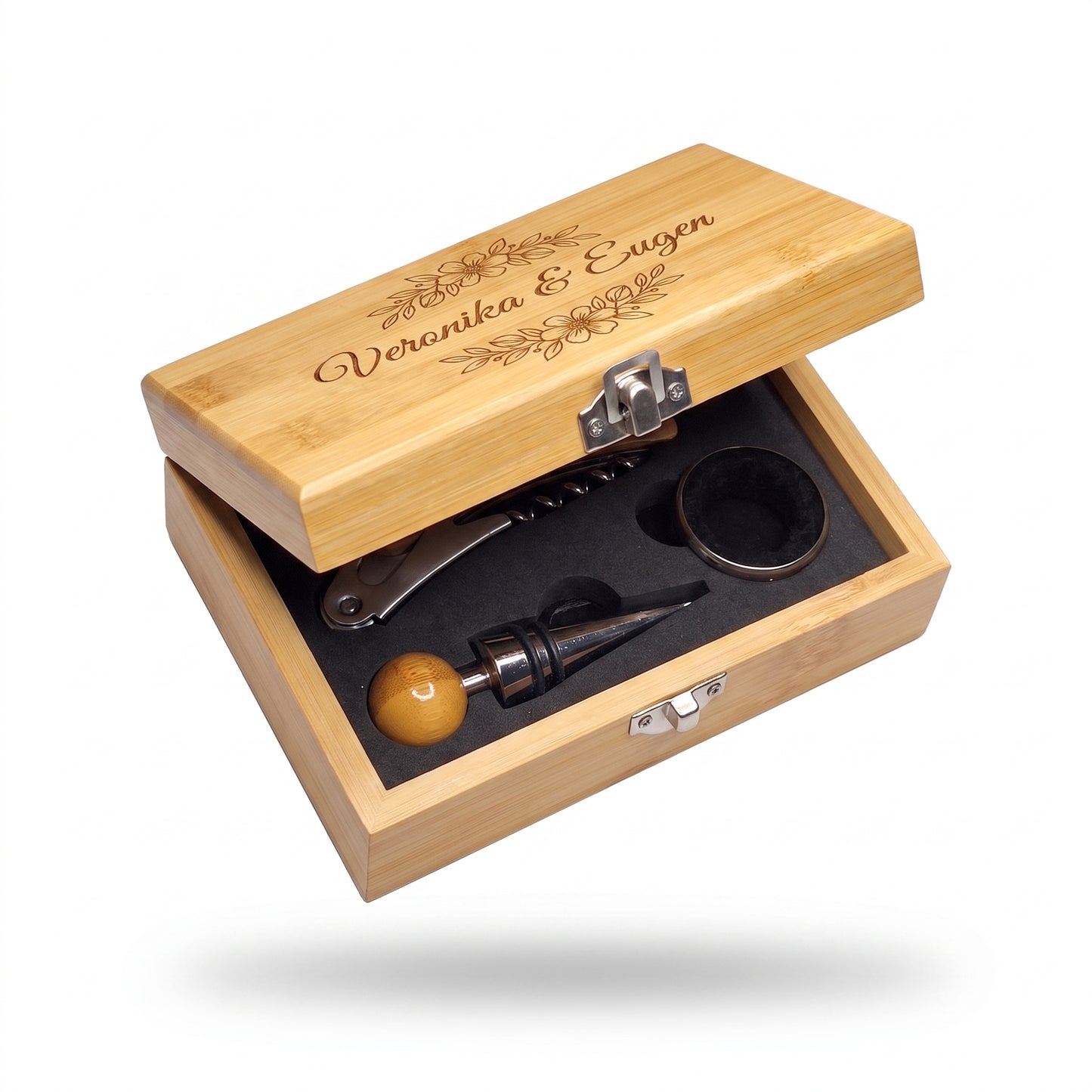Personalisiertes Weinset aus Bambus mit Gravur – Geschenkbox mit Weinzubehör