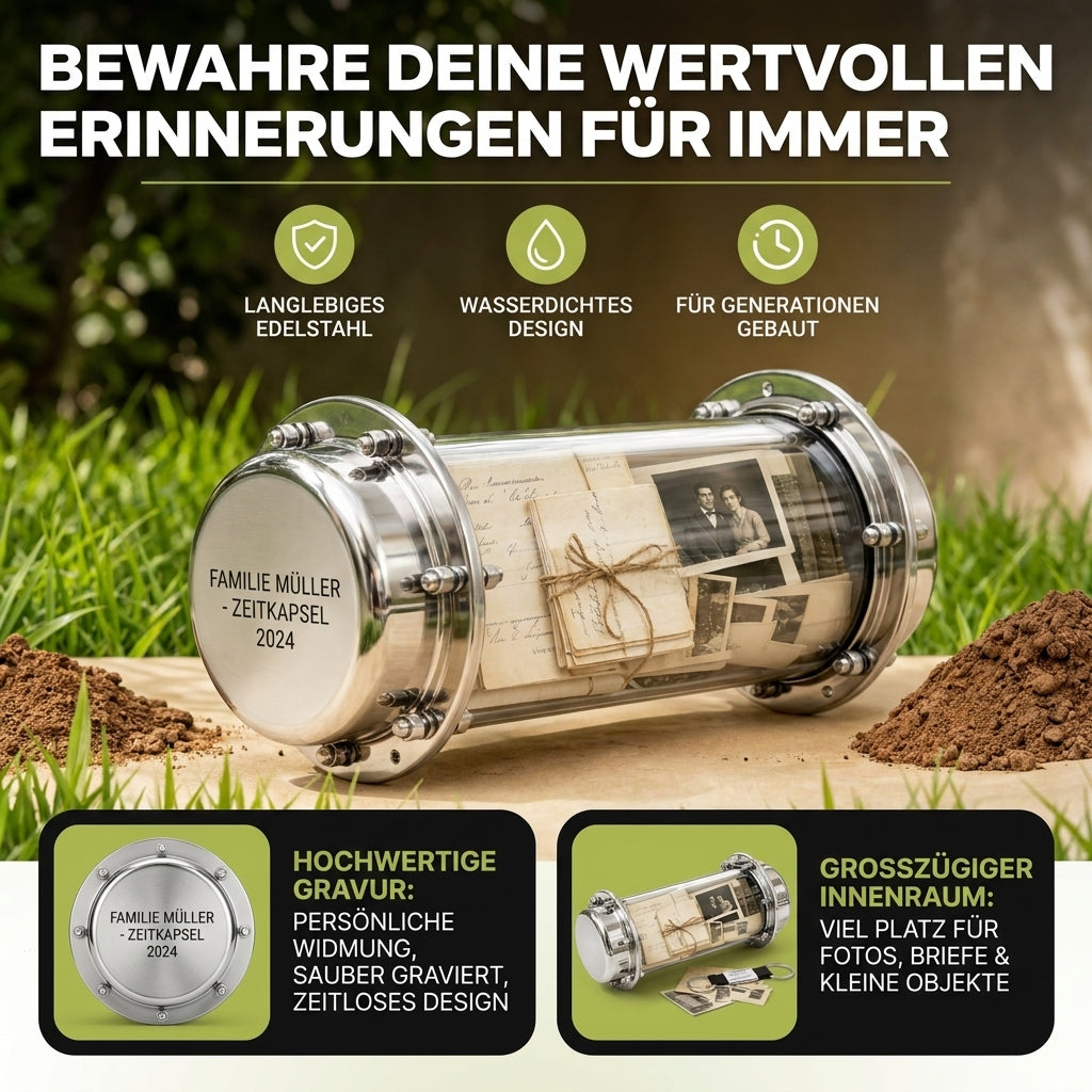 Personalisierte Zeitkapsel aus Edelstahl mit Lasergravur – wasserdicht & zum Vergraben