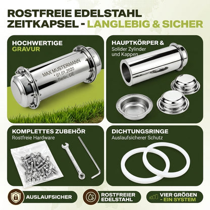 Personalisierte Zeitkapsel aus Edelstahl mit Lasergravur – wasserdicht & zum Vergraben