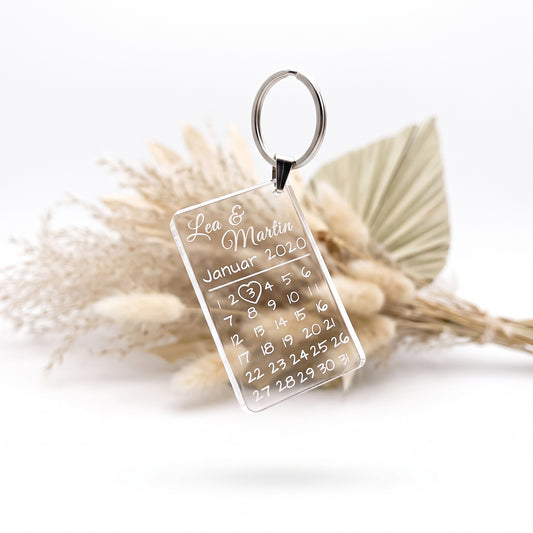 Personalisierter Acrylglas-Schlüsselanhänger mit Kalender und Wunschdatum