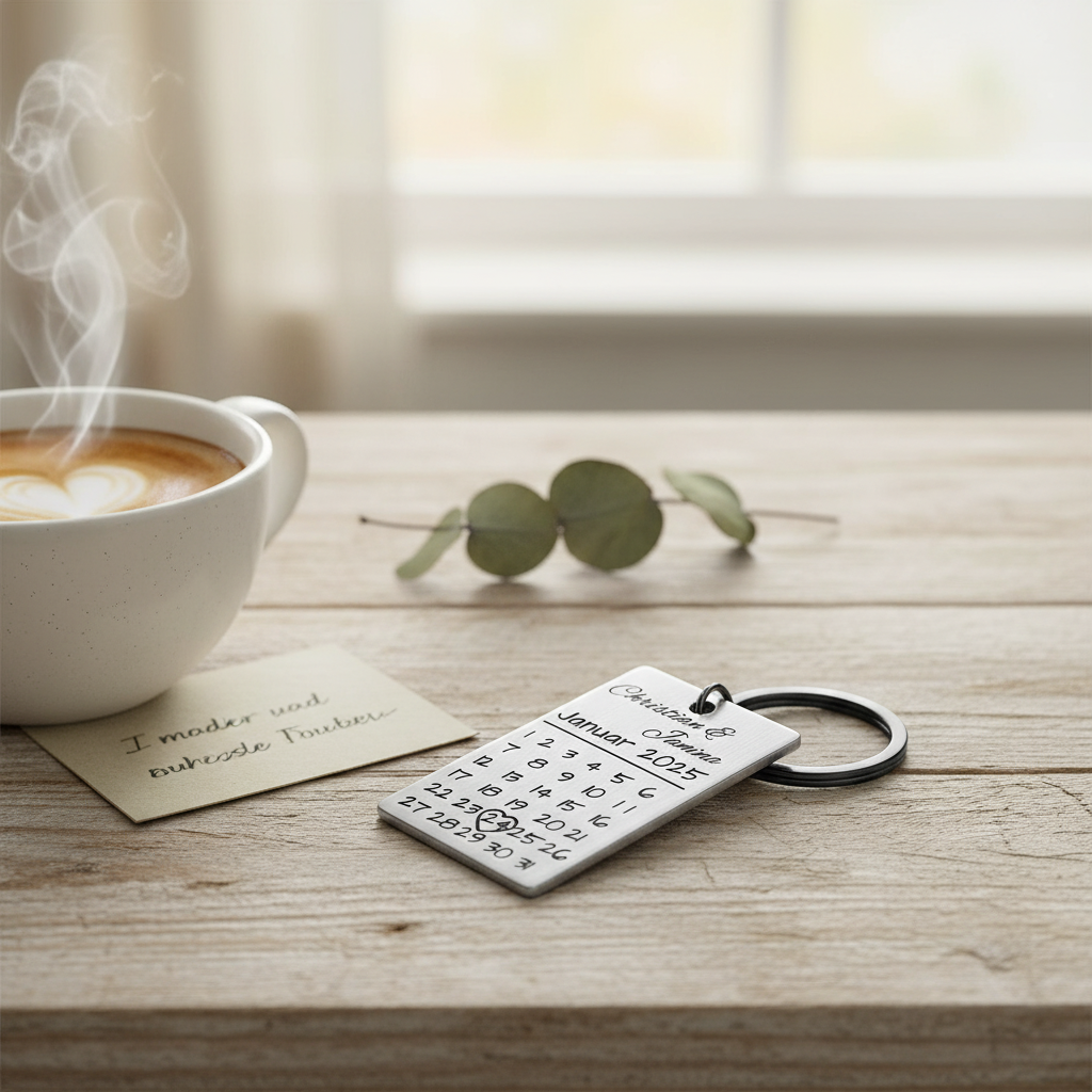 Stainless steel keychain with calendar motif - individual engraving
