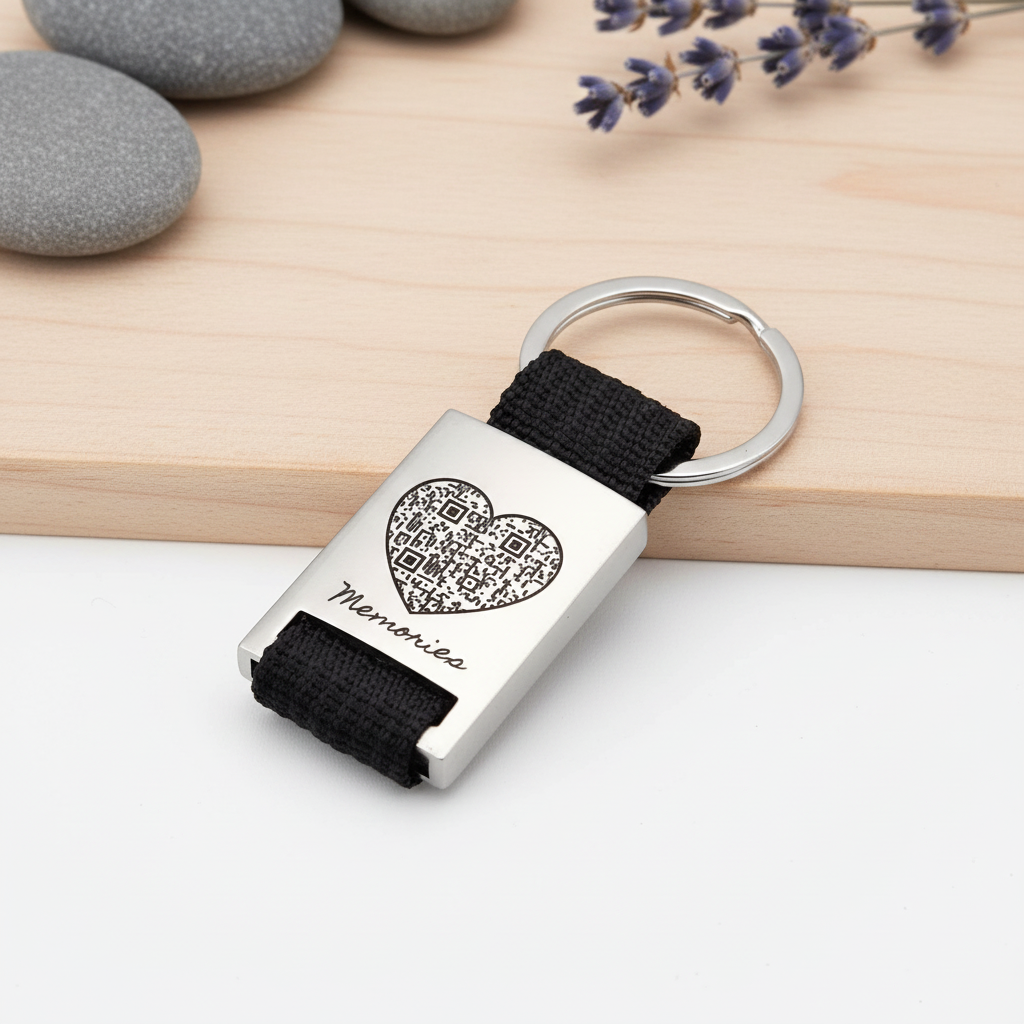 Personalisierter Schlüsselanhänger mit QR-Code – Metall & schwarzes Textilband