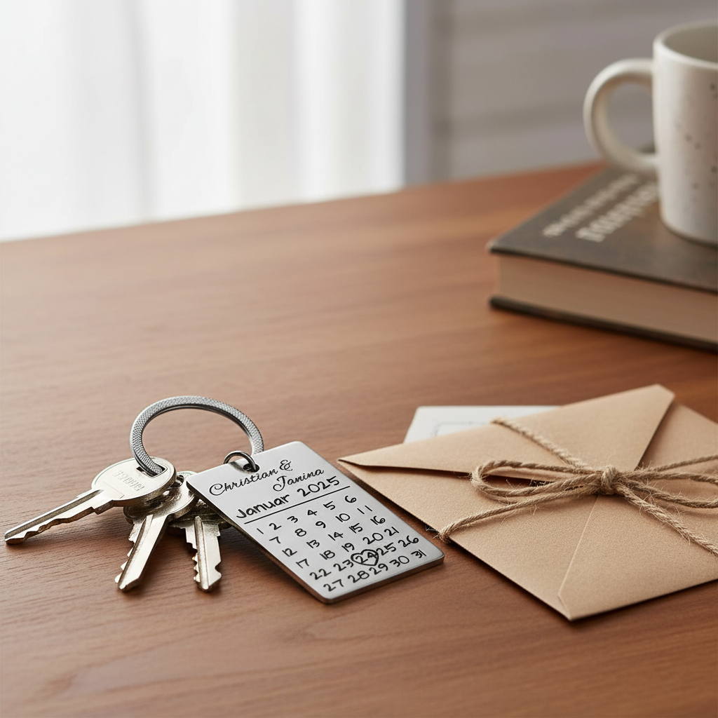 Stainless steel keychain with calendar motif - individual engraving