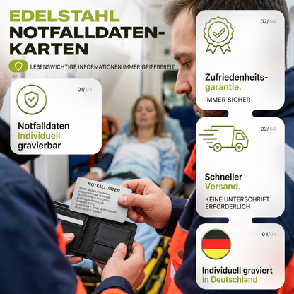 Personalisierte Notfallkarte aus Edelstahl – Medizinischer Notfallausweis mit ICE-Kontakt & QR-Code