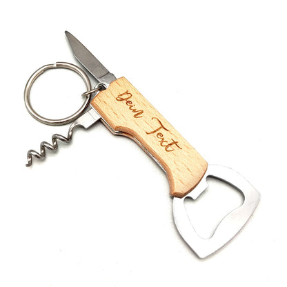 Individual keychain with bottle opener, corkscrew and knife