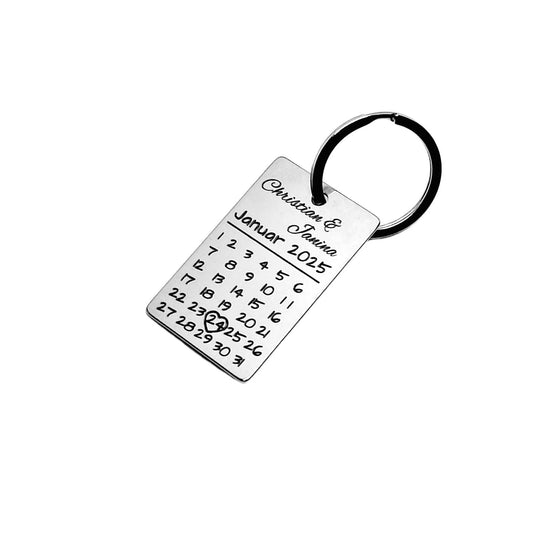 Edelstahl-Schlüsselanhänger mit Kalender Motiv - individuelle Gravur