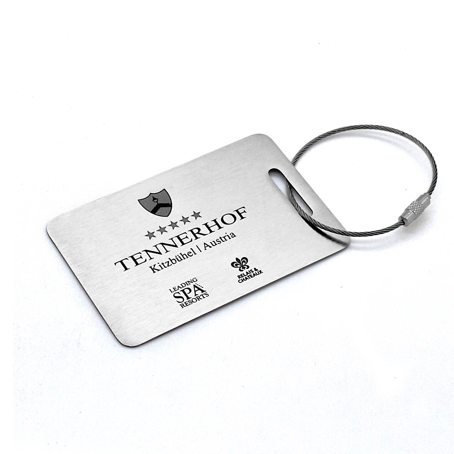 Stainless steel luggage tag in card format - with individual laser engraving and wire rope - luggage tag with engraving
