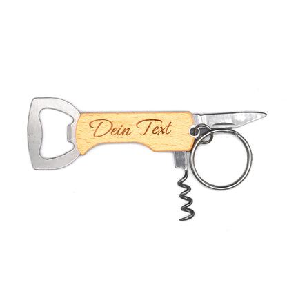 Individual keychain with bottle opener, corkscrew and knife