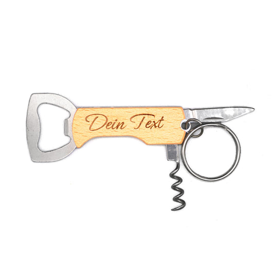 Individual keychain with bottle opener, corkscrew and knife