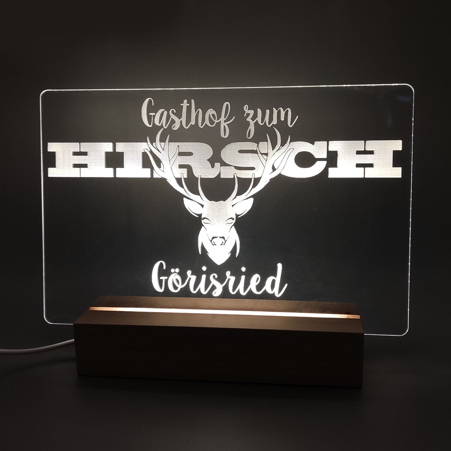 Illuminated sign with personal text or logo - personalized illuminated sign stand - acrylic glass