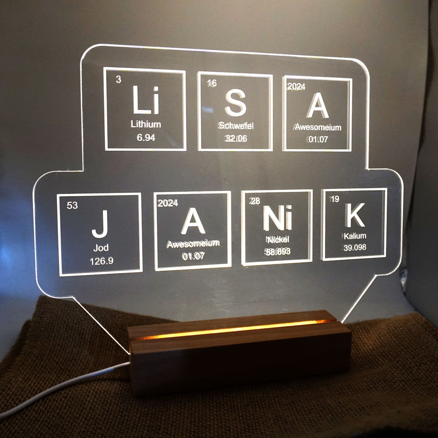 Illuminated sign with personal text or logo - personalized illuminated sign stand - acrylic glass