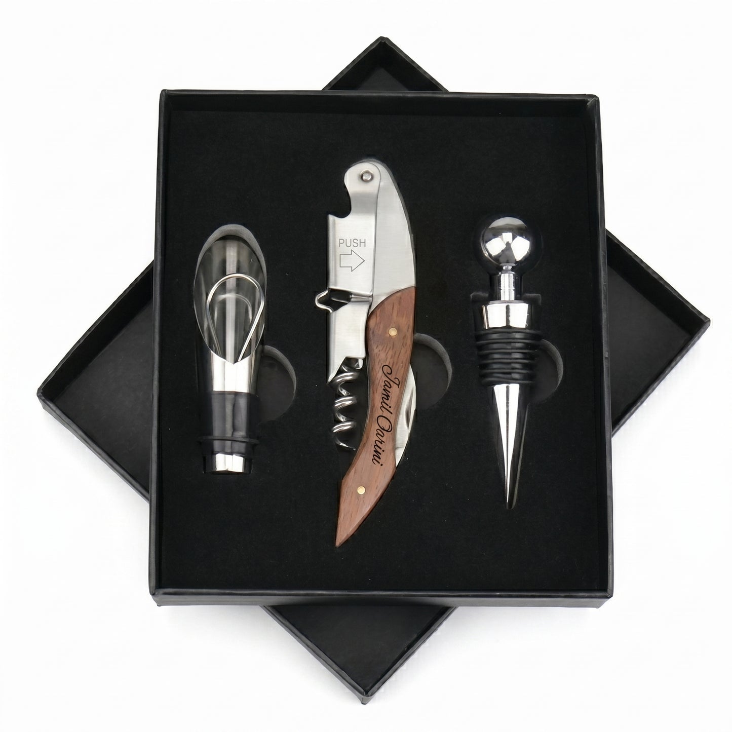 Personalisiertes Wein-Set– Weinöffner mit Holzgriff, Ausgießer & Flaschenverschluss