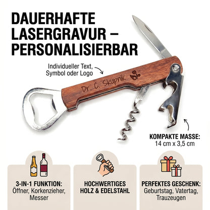 Flaschenöffner mit individueller Gravur - personalisierter Weinöffner mit Holzgriff
