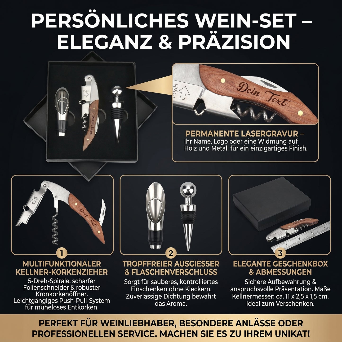 Personalisiertes Wein-Set– Weinöffner mit Holzgriff, Ausgießer & Flaschenverschluss