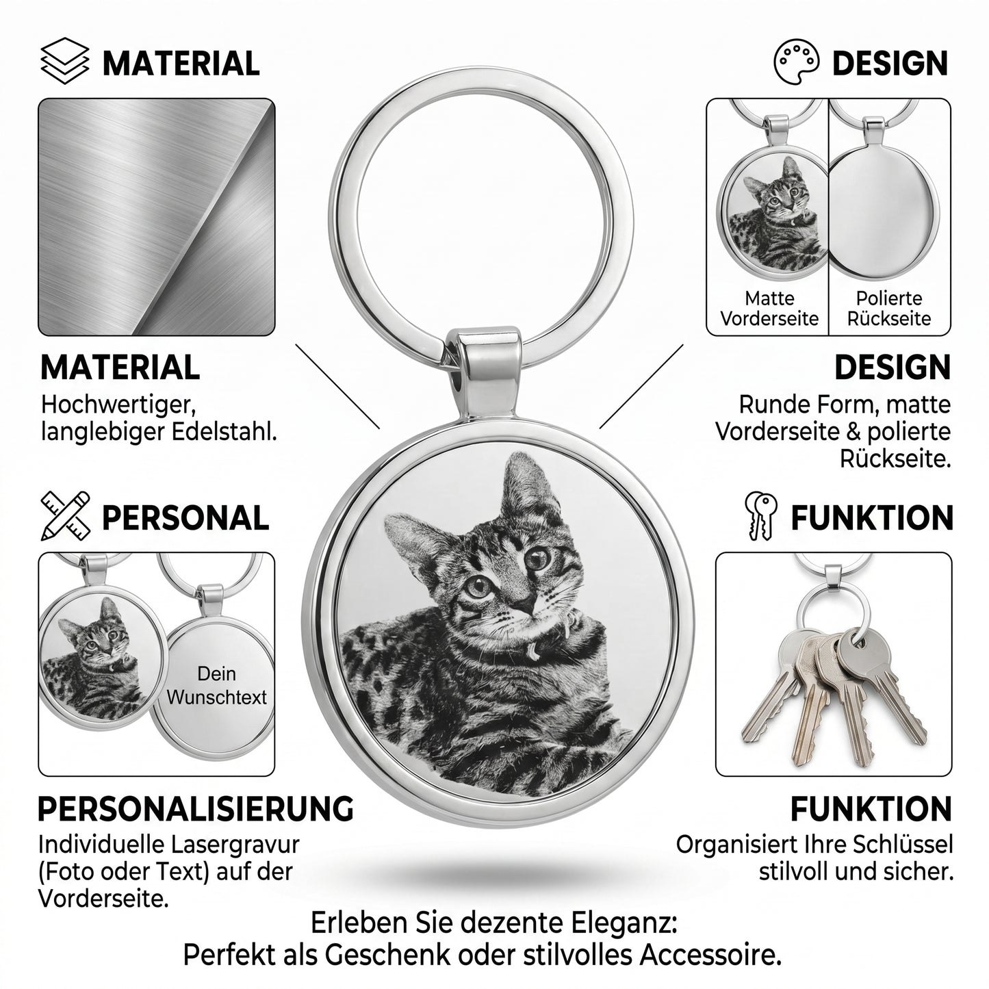 Round stainless steel keychain - individual laser engraving