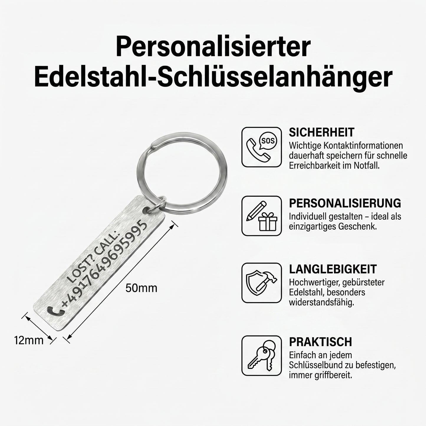Schlüsselanhänger aus Edelstahl mit persönlicher Beschriftung