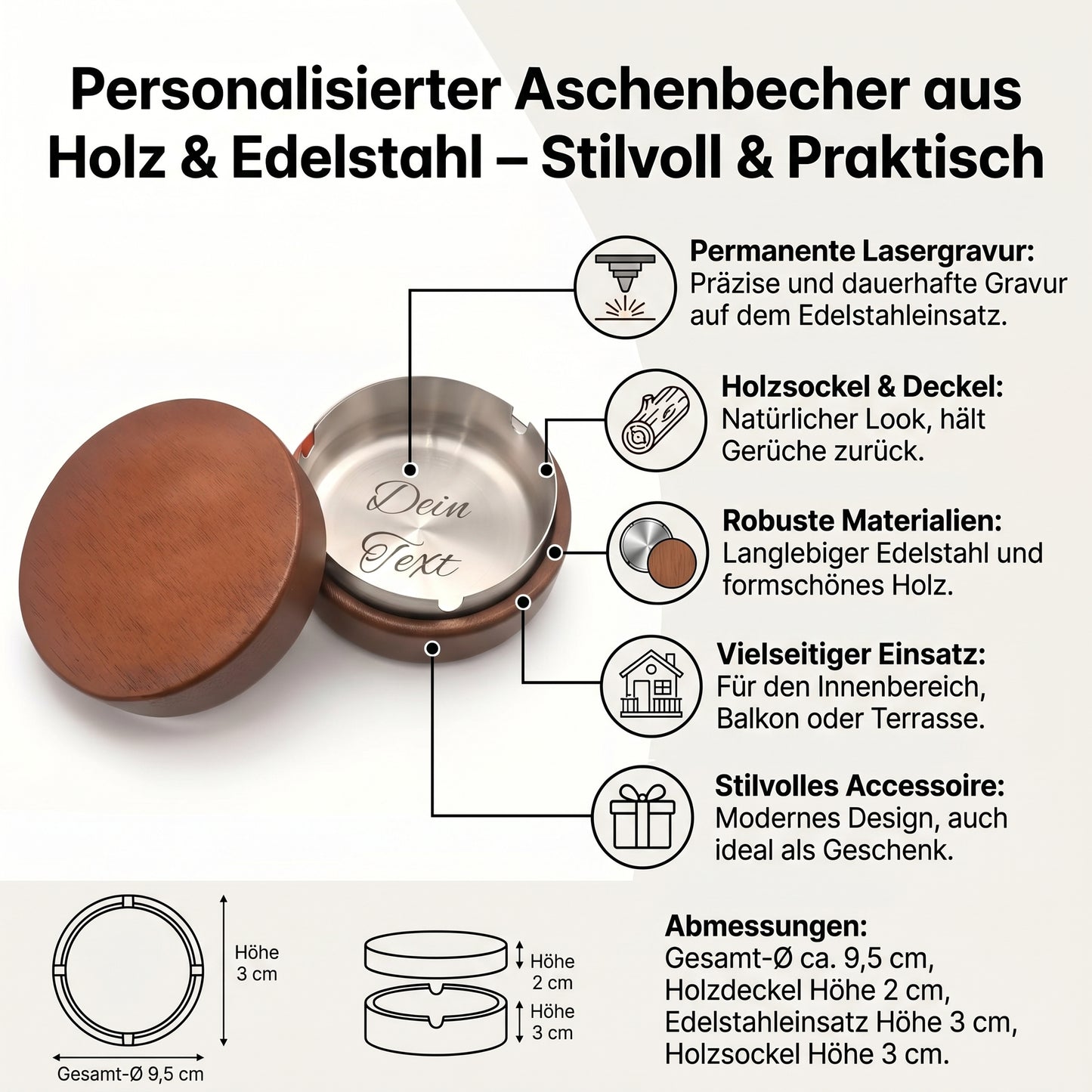 Personalisierter Aschenbecher mit Gravur – Edelstahl-Einsatz, Holzdeckel & Holzboden