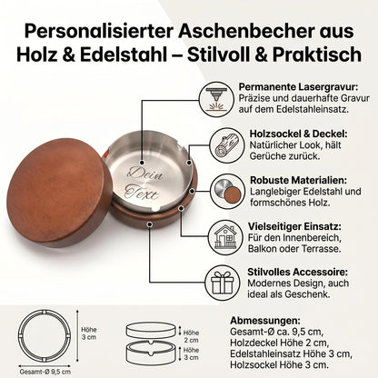 Personalisierter Aschenbecher mit Gravur – Edelstahl-Einsatz, Holzdeckel & Holzboden