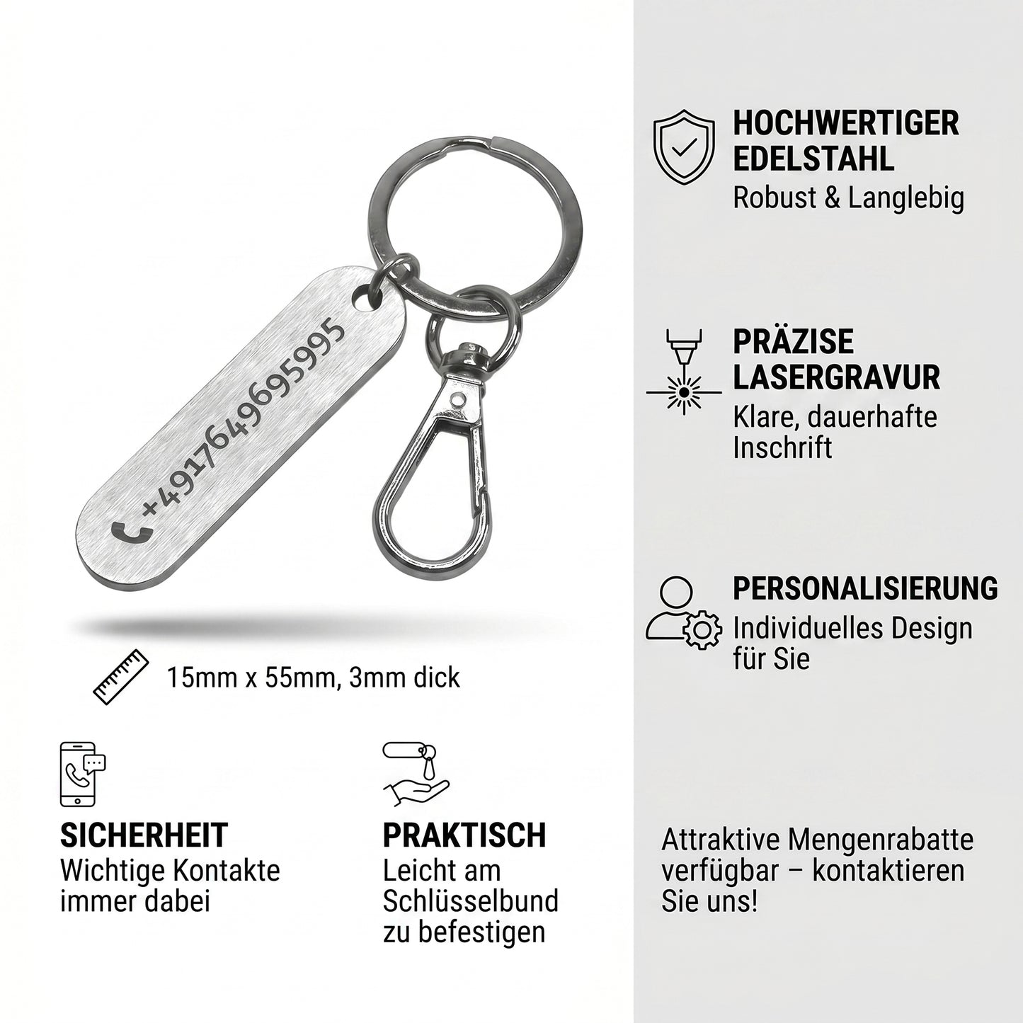 Edelstahl Schlüsselanhänger mit individueller Lasergravur - mit Karabiner