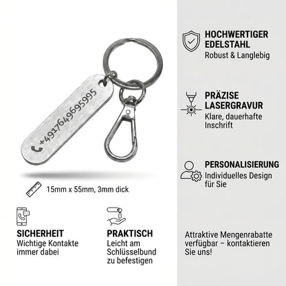 Edelstahl Schlüsselanhänger mit individueller Lasergravur - mit Karabiner