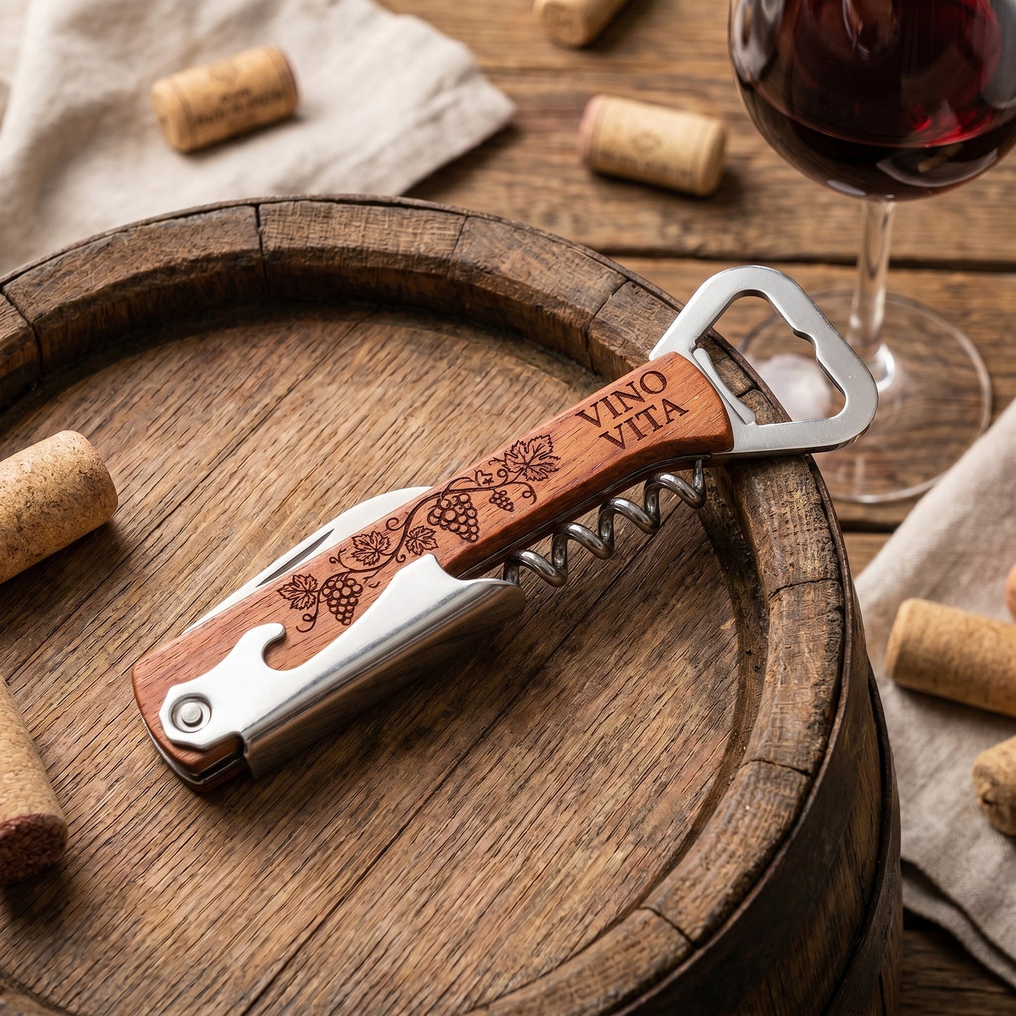 Flaschenöffner mit individueller Gravur - personalisierter Weinöffner mit Holzgriff