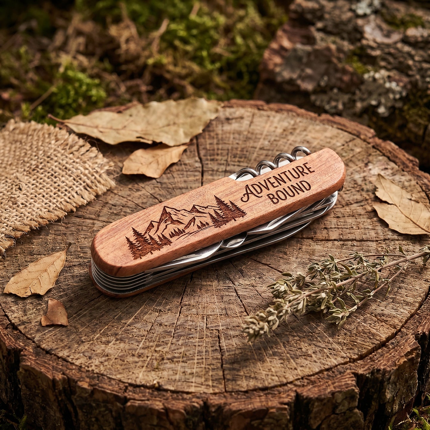 11 in 1 pocket knife with individual engraving - camping knife with wooden handle