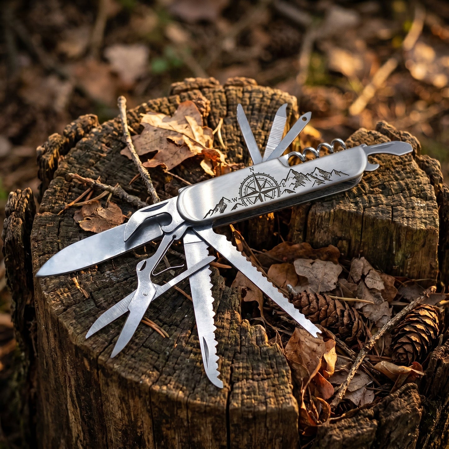 Pocket knife with individual engraving - 11 in 1 multifunctional camping knife - laser engraved