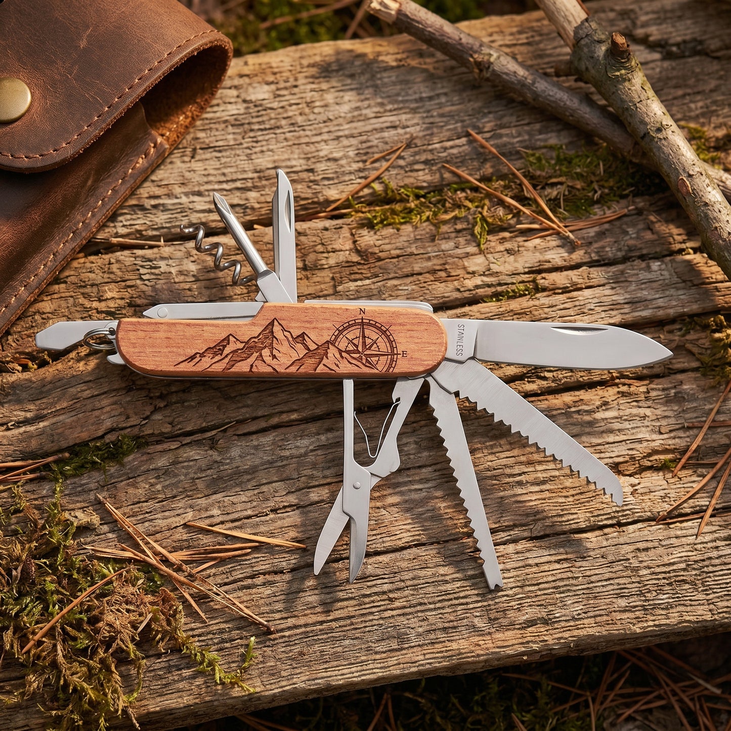 11 in 1 pocket knife with individual engraving - camping knife with wooden handle